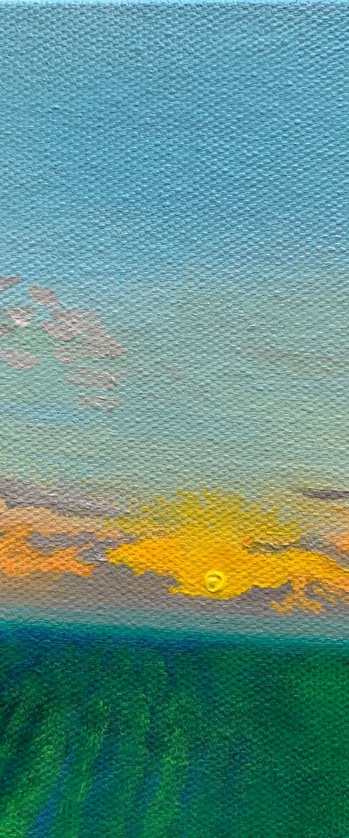 Field Sunset! Miniature landscape painting by Amita Dand