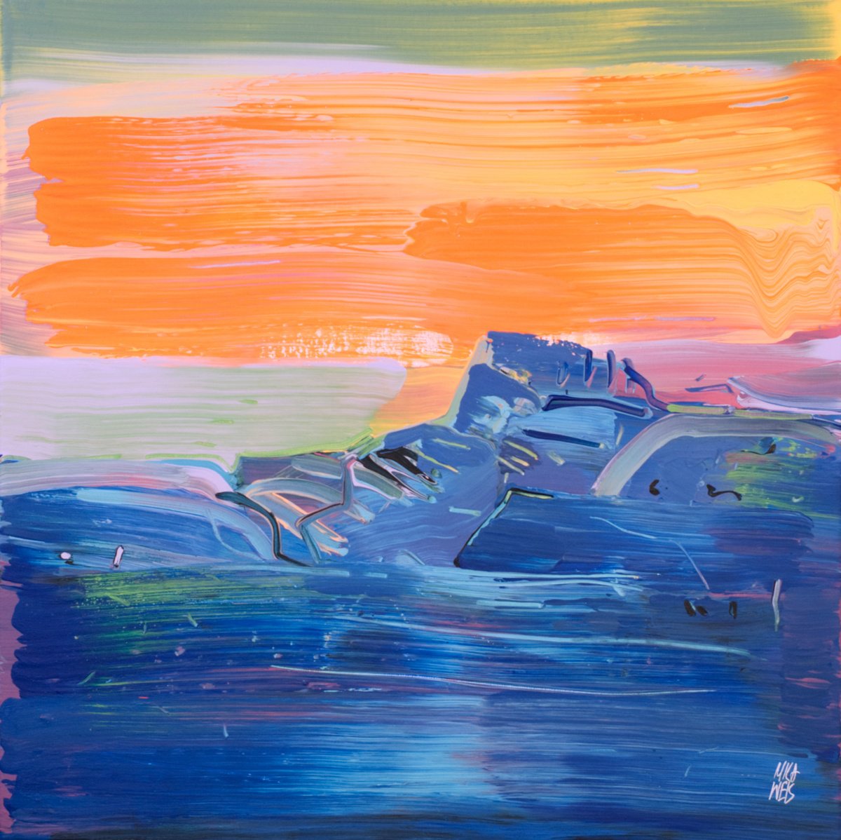 Impressionistic Landscape Acrylic Painting By Mila Weis, 31 X 31", The Big Blue, Original Artwork