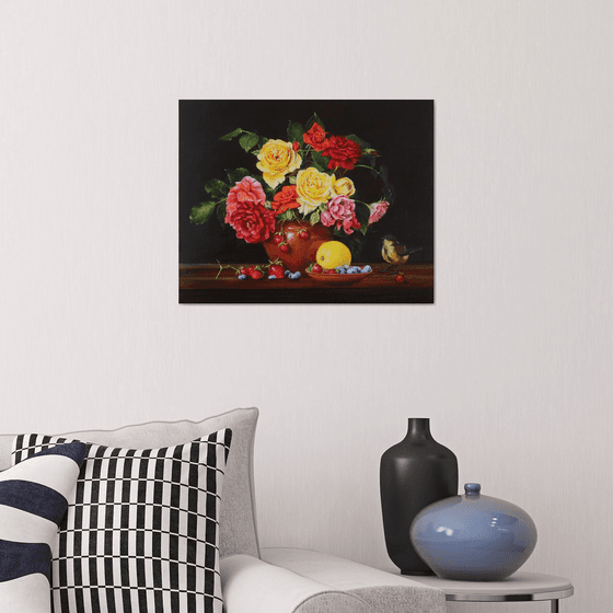 Garden Roses and Little Bird