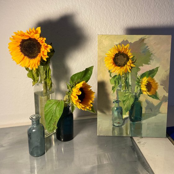 Sunflowers with little blue glasses