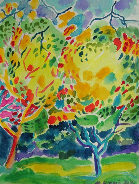 Yellow treetops - watercolour