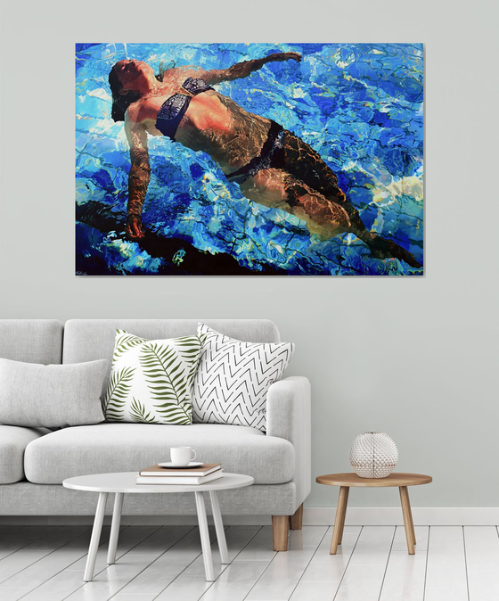 Adrift II - Extra large, statement swimming pool painting