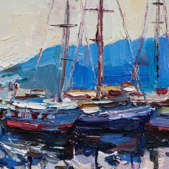 Sailing yachts moored at the pier - Original oil seascape painting