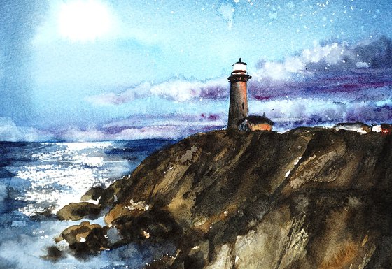 Into the night! ORIGINAL Watercolor Painting - Blue starry sky, ocean, light house