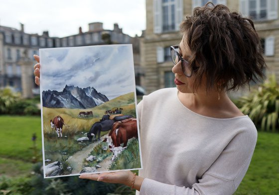 Cows in pasture, Mont Blanc - Original Watercolor Painting