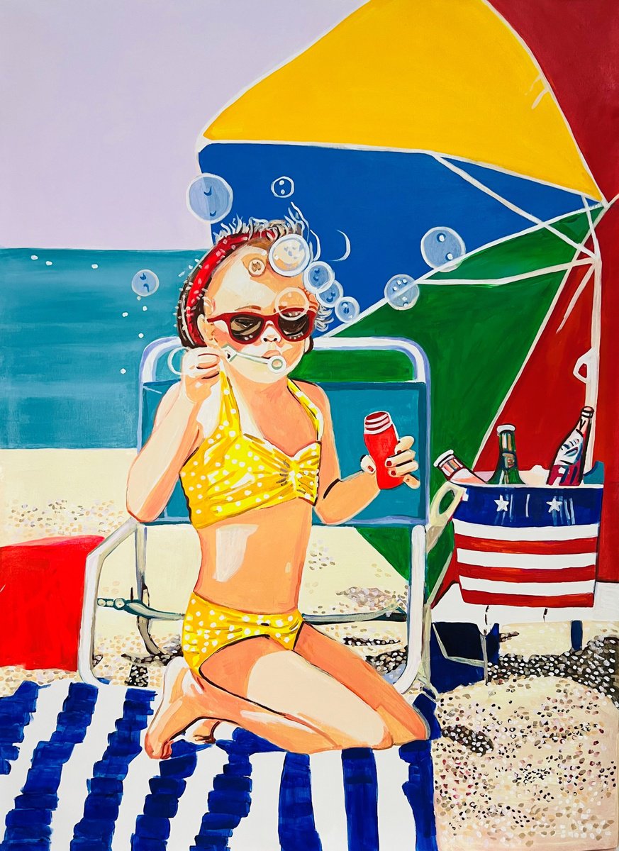 Urban And Pop Portrait Acrylic Painting By Alexandra Djokic, 35 X 48, At The Beach, Original Artwork