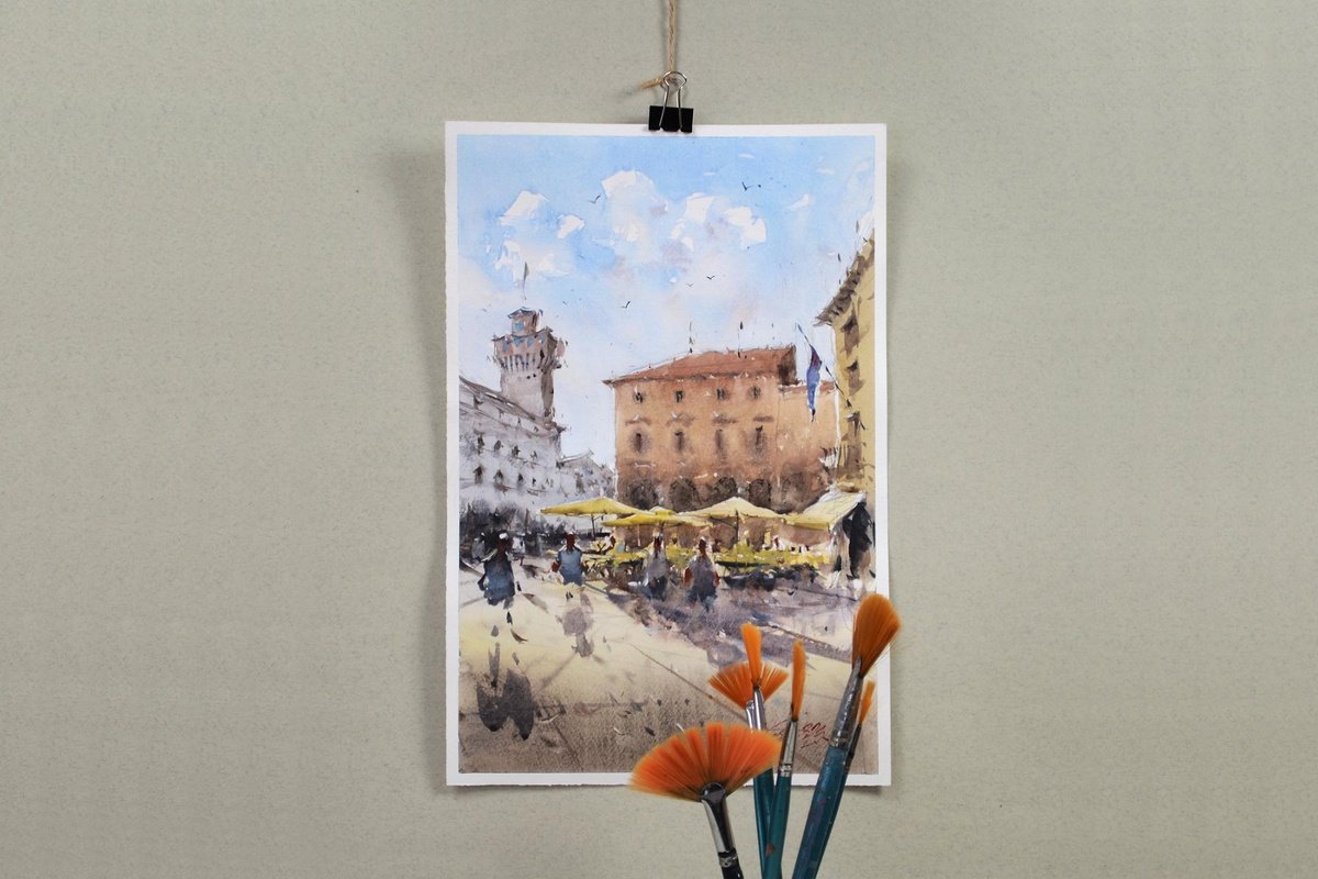 Impressionistic Cityscapes Watercolour By Marin Victor, 9 X 14", Vicenza, Watercolor Cityscape., Original Artwork