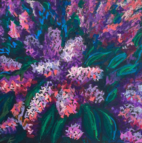 Lilac Flowers Oil Pastel Painting, Floral Original Drawing, Purple Gift for Her, Spring Floral Wall Art