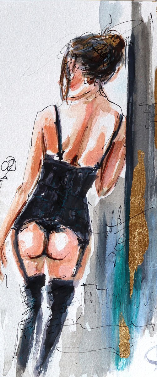 Study  - Nude woman Watercolor Painting on Paper by Antigoni Tziora