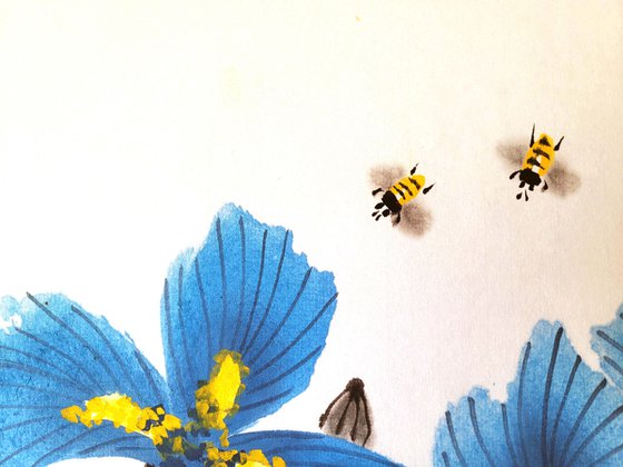Blue irises and dancing bees - Oriental Chinese Ink Painting