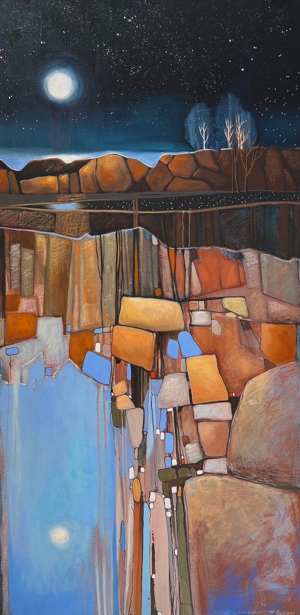 Organic Abstract Oil Painting By Elizaveta Pugacheva, 20 X 39, Lake Khepoyarvi, Original Artwork