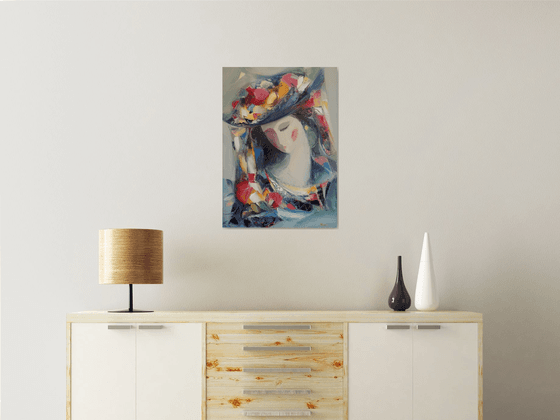 Pomegranate girl 50x70cm ,oil/canvas, abstract portrait