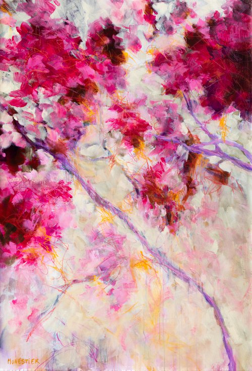 Pink and red floral Monet inspired - Large modern wall art Ready to hang by Fabienne Monestier