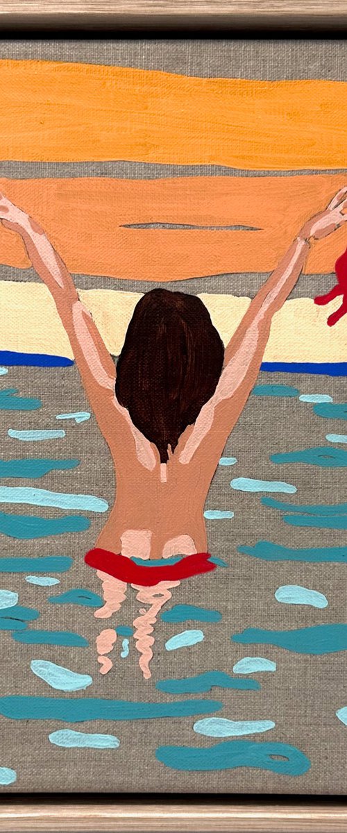 Lady in Red - Morning Dip 33.5cm x 33.5cm by DEBORAH LANG