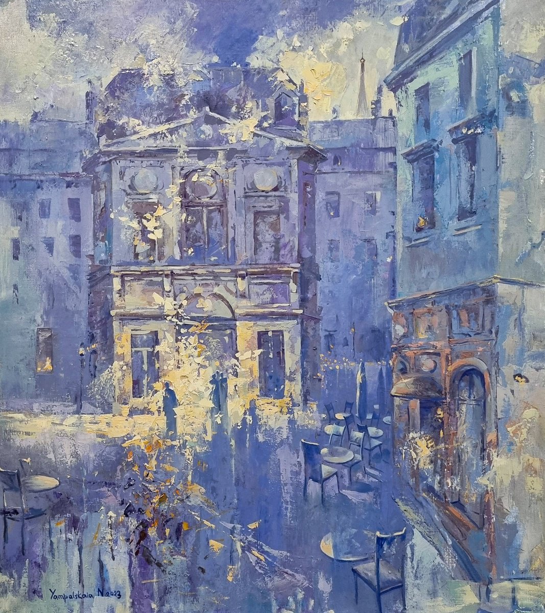Impressionistic Cityscapes Oil Painting By Natalia Yampolskaia, 31 X 35", Paris Evening Lights, Original Artwork