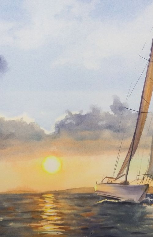 Sailboat - Yacht Art  - seasca by Olga Beliaeva Watercolour