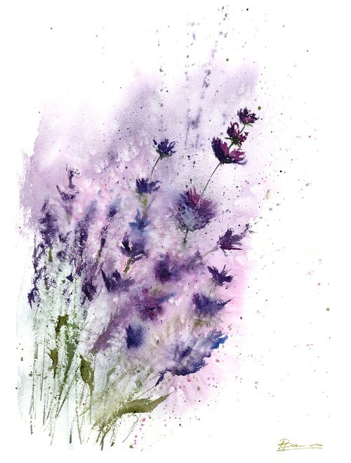 Lavender - wildflower (1 of 2) - Original Watercolor Painting by Olga Shefranov (Tchefranov)