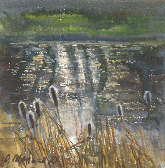 November. Sun in a pond / Water reflection Original sketch Watercolor art work Plein air picture