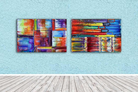 "Get It While It's Hot" - Save As A Series - Unique PMS Geometric Oil Painting Diptych On Canvas - 72" x 24"