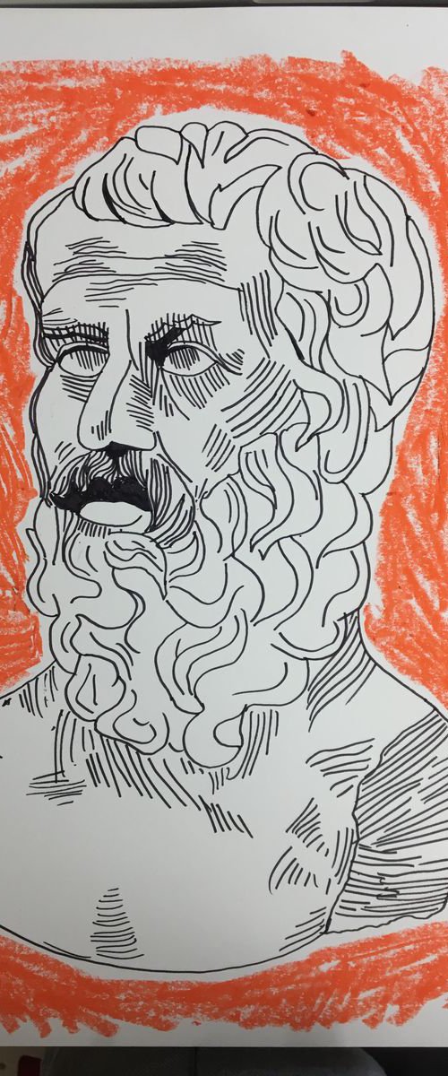 Zeus Boss of The Gods, Grecian Bust - Ink and Oil Pastel Mixed Media Original Signed Drawing - A3 by David Horgan