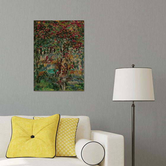 FLOWERING BUSH - Landscape art, blooming tree plant, original oil painting, summer, pomegranate, bloom, home interior decor