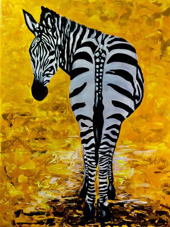 ZEBRA  on golden background. LARDE WALL CANVAS.