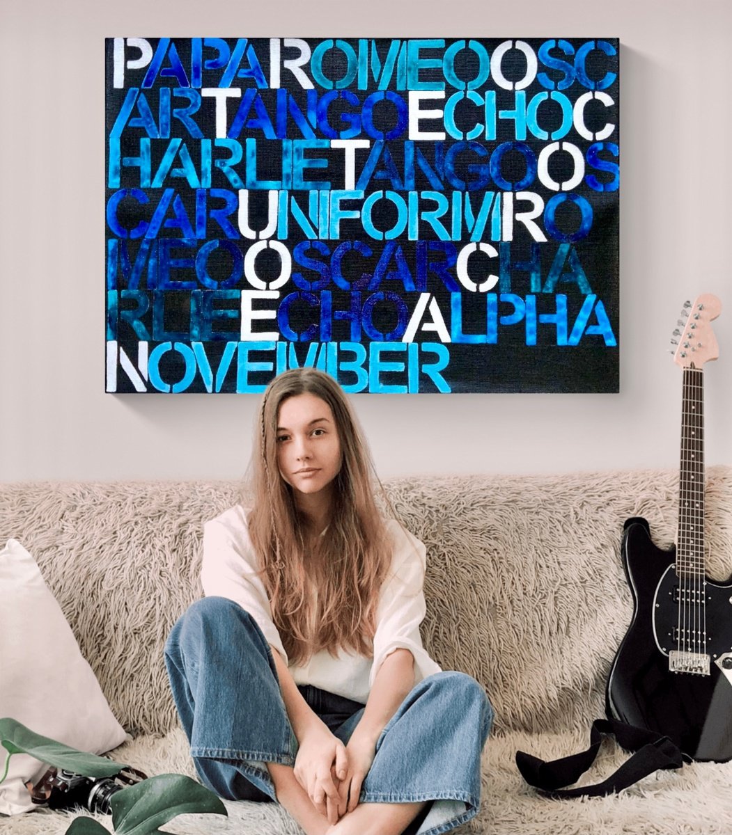 Typographic Landscape Acrylic Painting By Anita Kaufmann, 39 X 28, Save Our Oceans No. 5621, Original Artwork