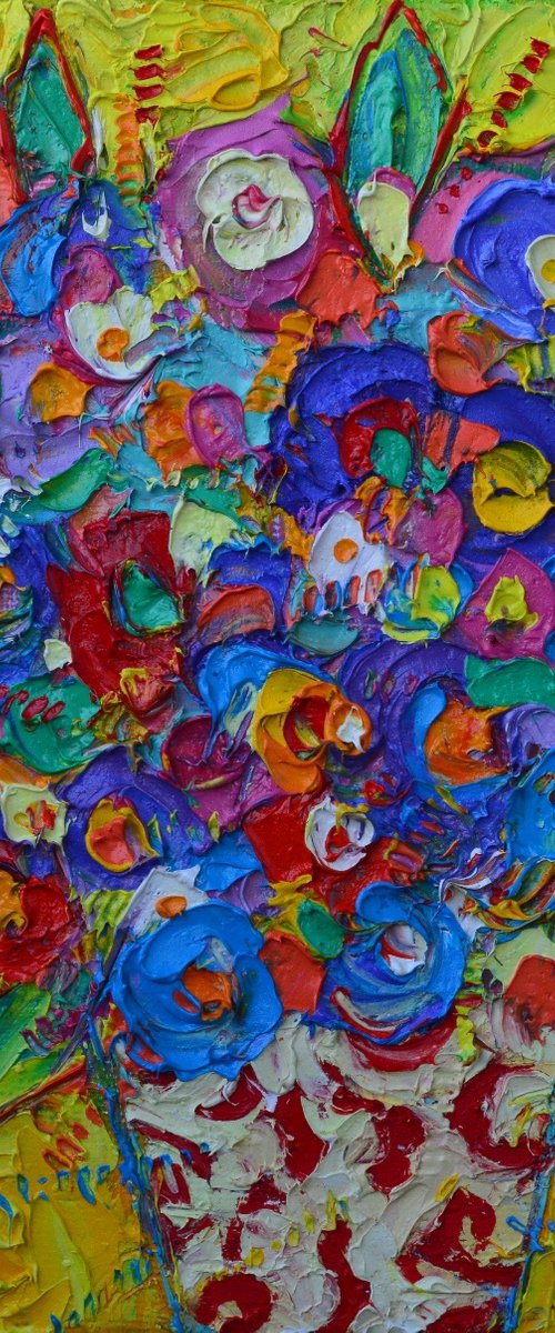 ABSTRACT COLOURFUL FLOWERS OF HAPPINESS textural impressionist impasto palette knife oil painting by Ana Maria Edulescu contemporary floral art by ANA MARIA EDULESCU