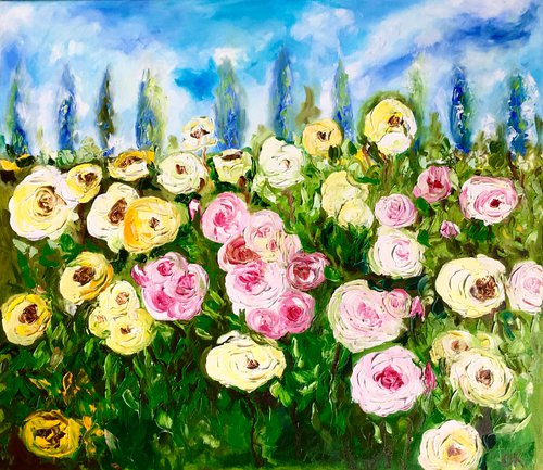 WHITE PINK YELLOW  ROSES landscape with  cypress trees palette  knife modern still life  flowers office home decor gift by Olga Koval