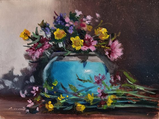 Flowers and a Blue Pot