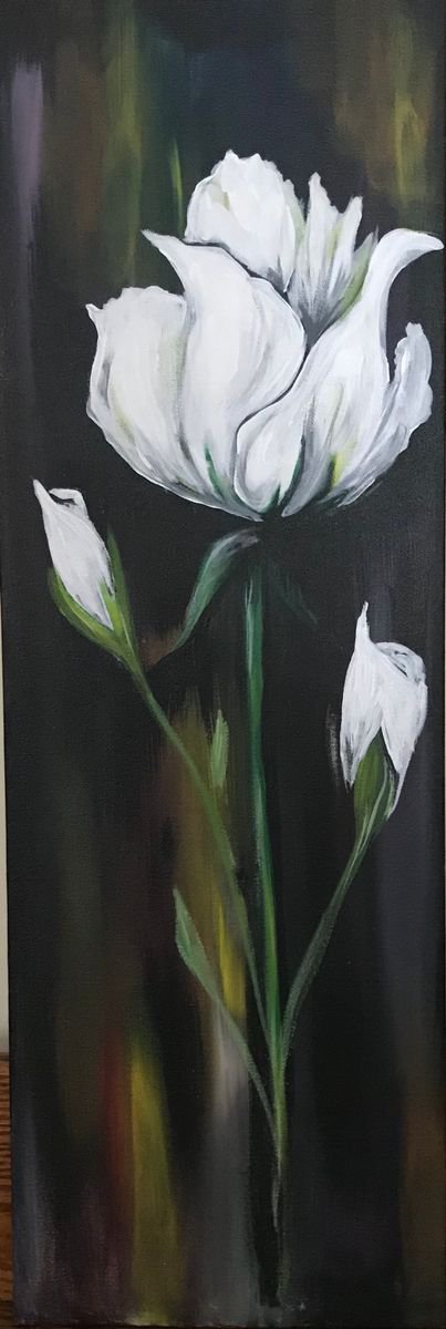 Impressionistic Botanical Acrylic Painting By Carolyn Shoemaker (Soma), 10 X 30, Soft Petals, Original Artwork