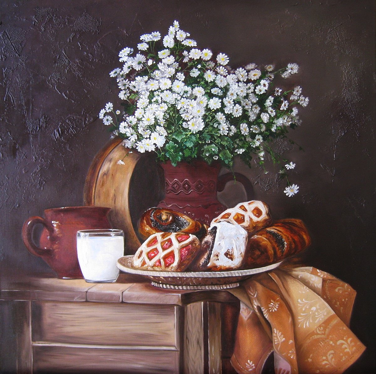 Photorealistic Oil Painting , Pastry And Daisies Still Life By Natalia Shaykina, 24 X 24, Artwork For Sale On Artfinder