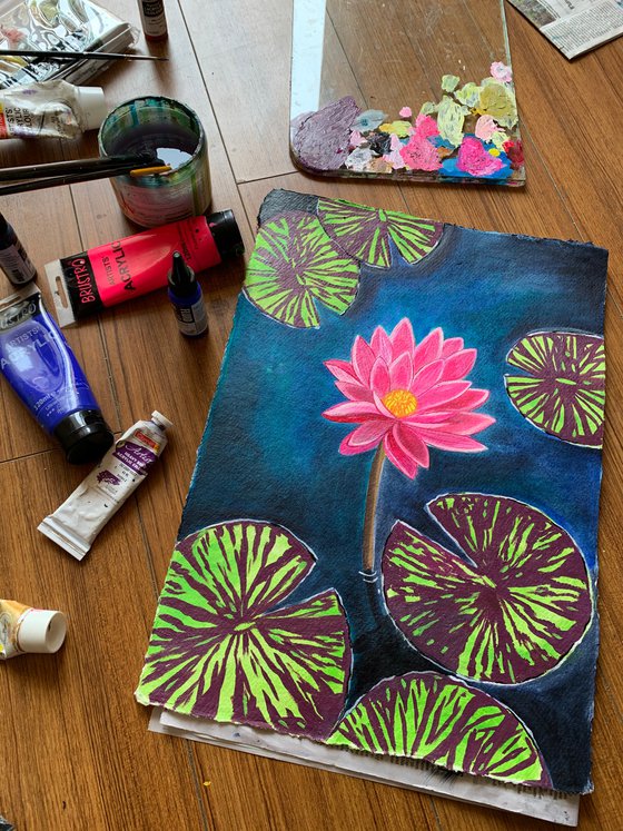 Pink Water lily on Indian handmade paper