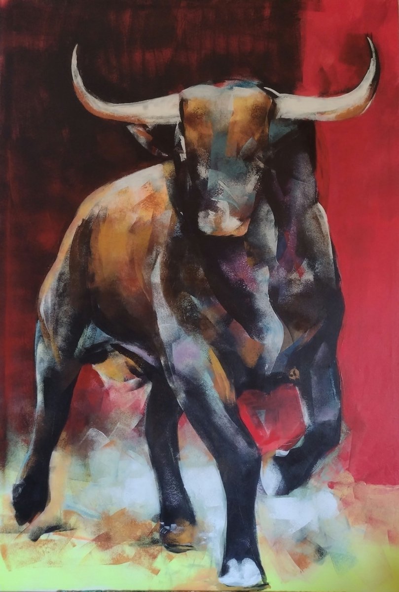 Expressive Animal Acrylic Painting By Marina Del Pozo, 35 X 51", Bull Serie 11, Original Artwork