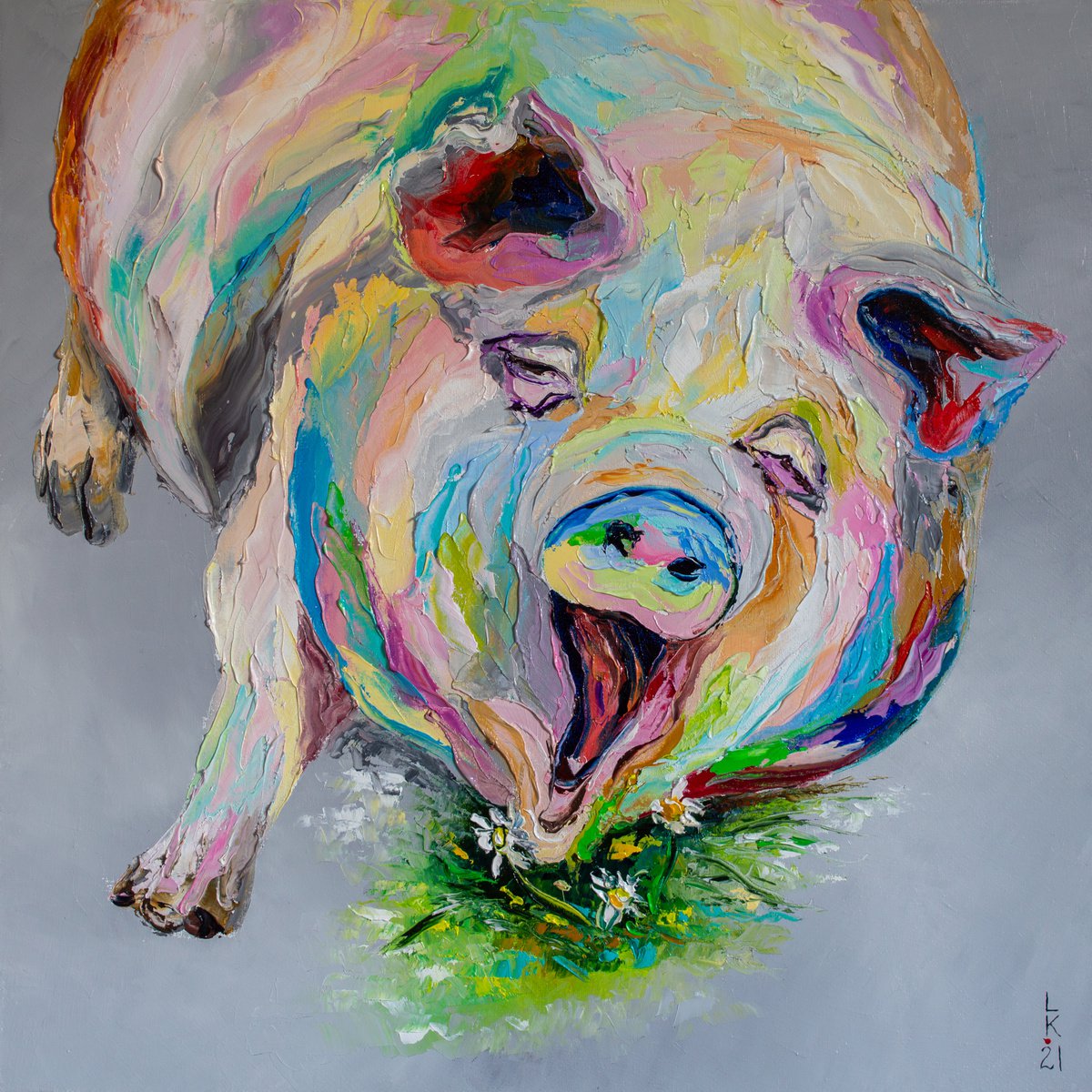 Animal Oil Painting By Liubov Kuptsova, 20 X 20", Happy Pig, Original Artwork