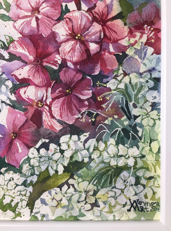 "Hydrangea", a miniature painting of flowers.