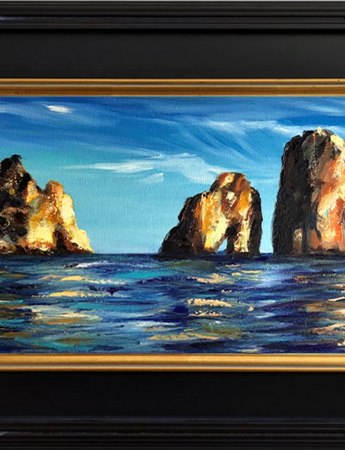 FARAGLIONI ROCKS ON THE HORIZON, Rocky Italian Seascape, Original Textured Impressionist Painting of the Isle of Capri by Nastia Fortune