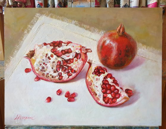 "Trio."  pomegranate still life  liGHt original painting  GIFT (2020)