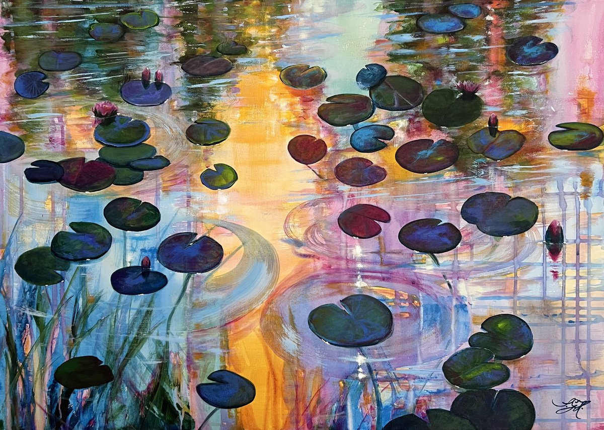 Impressionistic Botanical Acrylic Painting By Sandra Gebhardt-Hoepfner, 28 X 20", I Love Waterlilies 4, Original Artwork