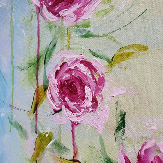 Trailing Roses Large Abstract Flower Painting 100x100cm 39x39" Modern Flower Painting Bedroom Decor Hotel Decor Pink and Greens Bright Artwork