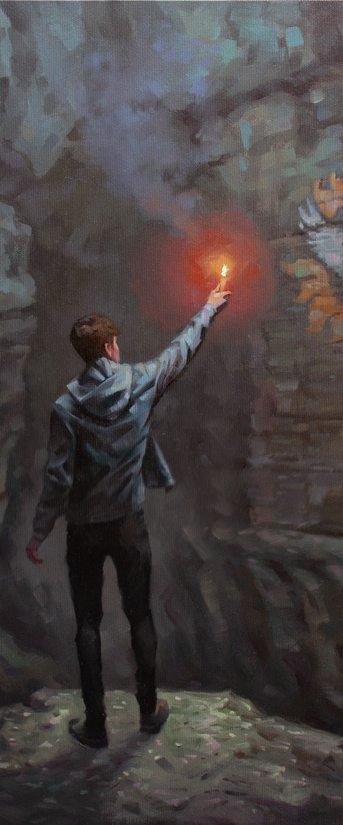 IN SEARCH OF TRUTH by Yaroslav Sobol (Original oil painting, The young man went deep into the cave to get answers to his questions.) by Yaroslav Sobol