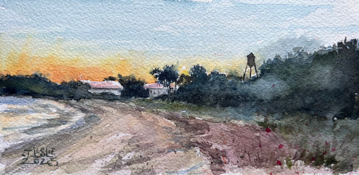 Impressionistic Landscape Watercolour By Jimmy Leslie, 8 X 4, Aeromarine Water Tower, Original Artwork
