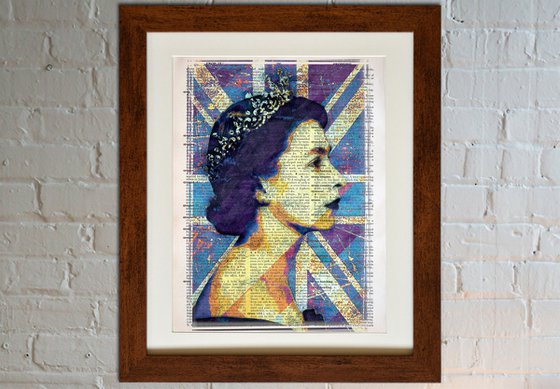 Queen Elizabeth II - The Union Jack - Collage Art on Large Real English Dictionary Vintage Book Page