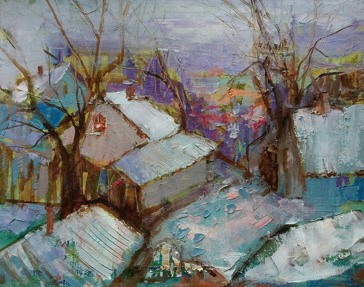Impressionistic Landscape Oil Painting By Victoria Cozmolici, 20 X 16", Winter Landscape, Original Artwork