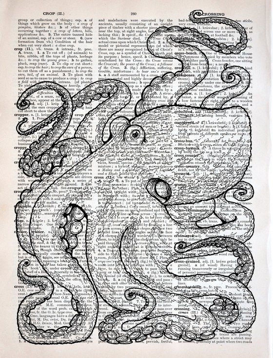 Octopus On The Page - Collage Art Print on Large Real English Dictionary Vintage Book Page