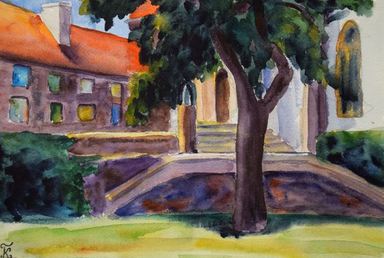 Bratislava church ORIGINAL watercolor painting, travel city gift, Slovakia Europe cityscape, plein air artwork