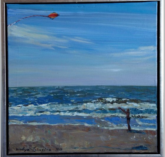 Triptych " Blåvand" Boy with a kite. .