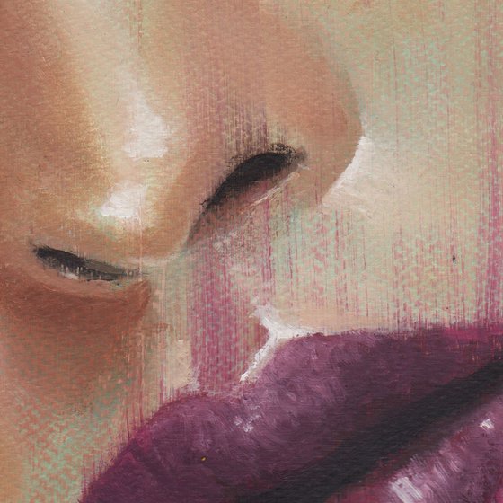 Ariana - beauty oil painting of women female on paper dark red tones makeup closeup