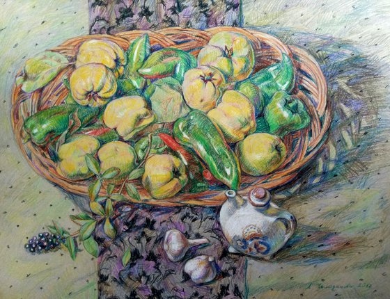Quince with pepper: 40x50 cm colored pencils on paper