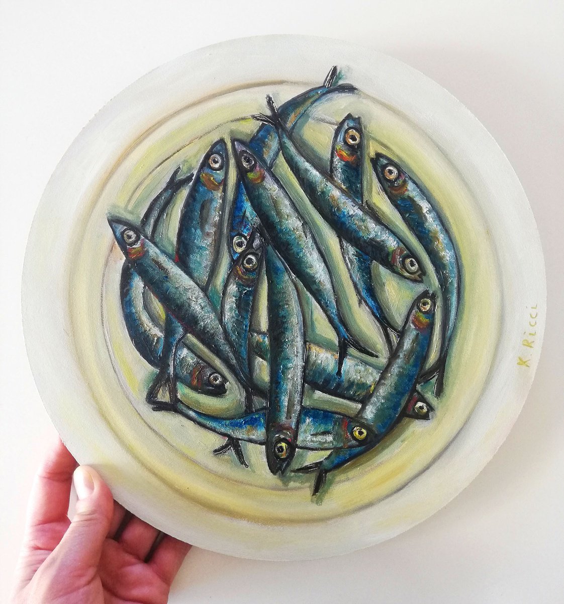 Impressionistic Still Life Oil Painting By Katia Ricci, 12 X 12", Anchovies In A Plate, Original Artwork